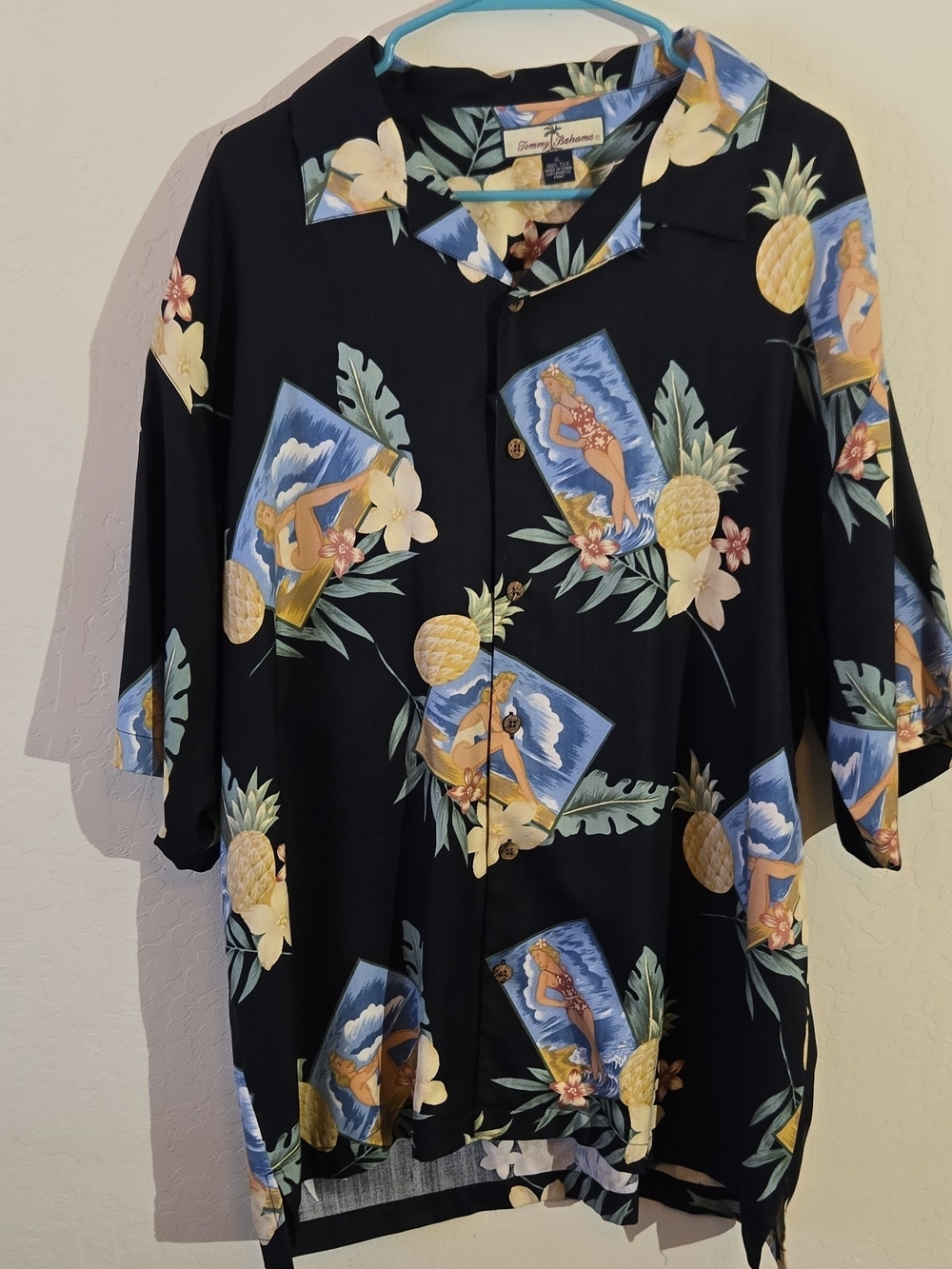 Tommy Bahama Black Silk Hawaiian Shirt with Yellow Pineapples & Blue Scenes